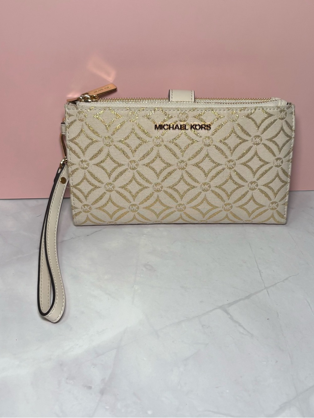Michael Kors Cream Wallet Wristlet With Metallic Gold Accents